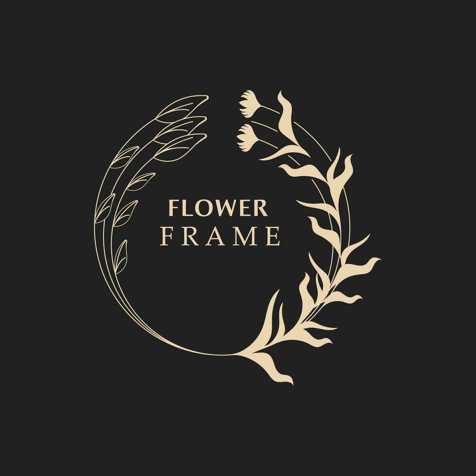 Floral frame flower round shape emblem logotype isolated on white background, leaves luxury linear logo circle style boutique vector