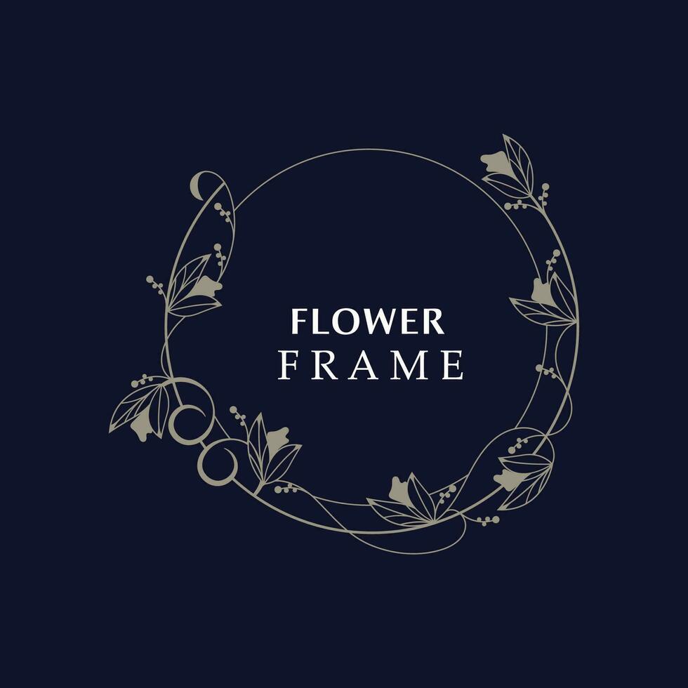Floral frame flower round shape emblem logotype isolated on white background, leaves luxury linear logo circle style boutique vector