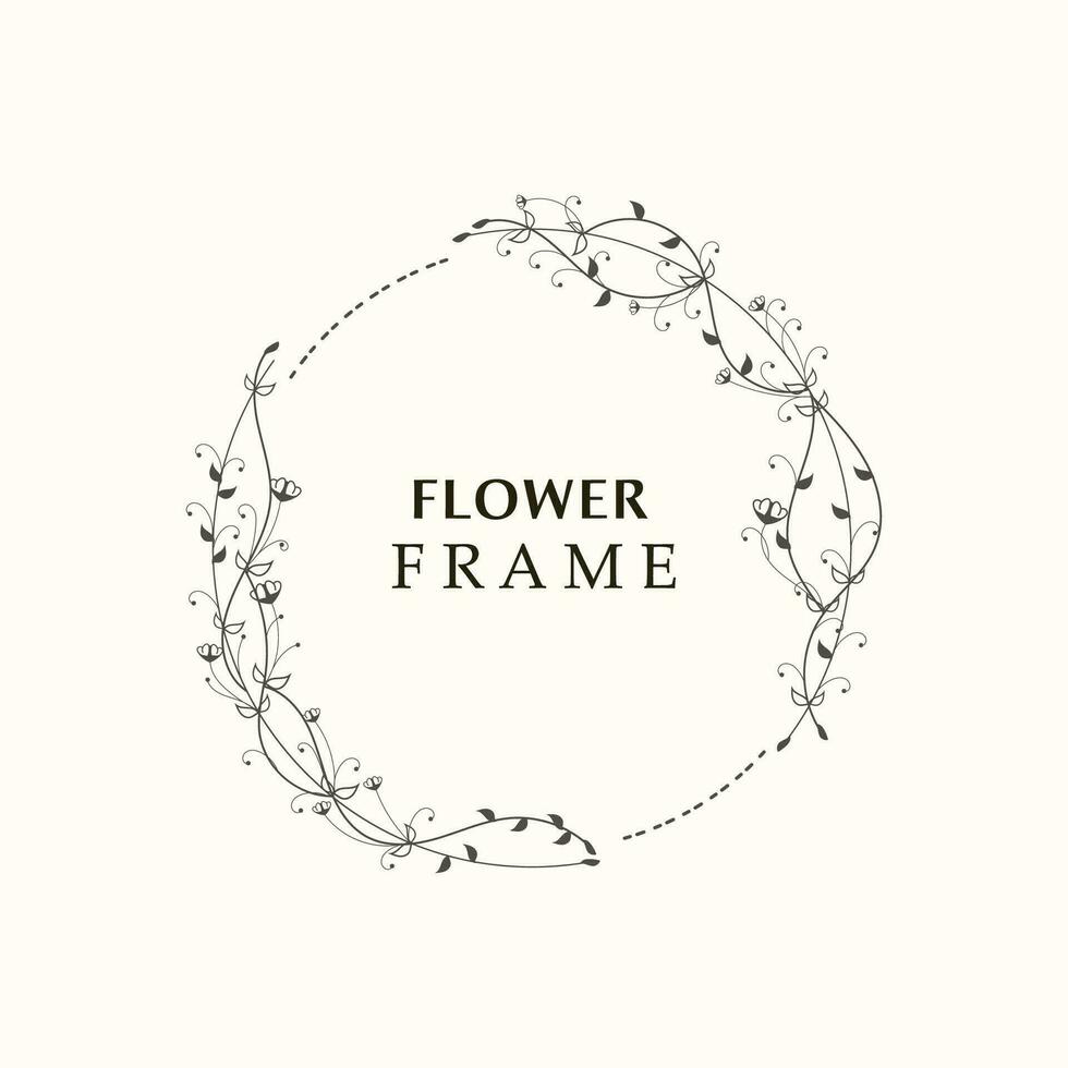 Floral frame flower round shape emblem logotype isolated on white background, leaves luxury linear logo circle style boutique vector