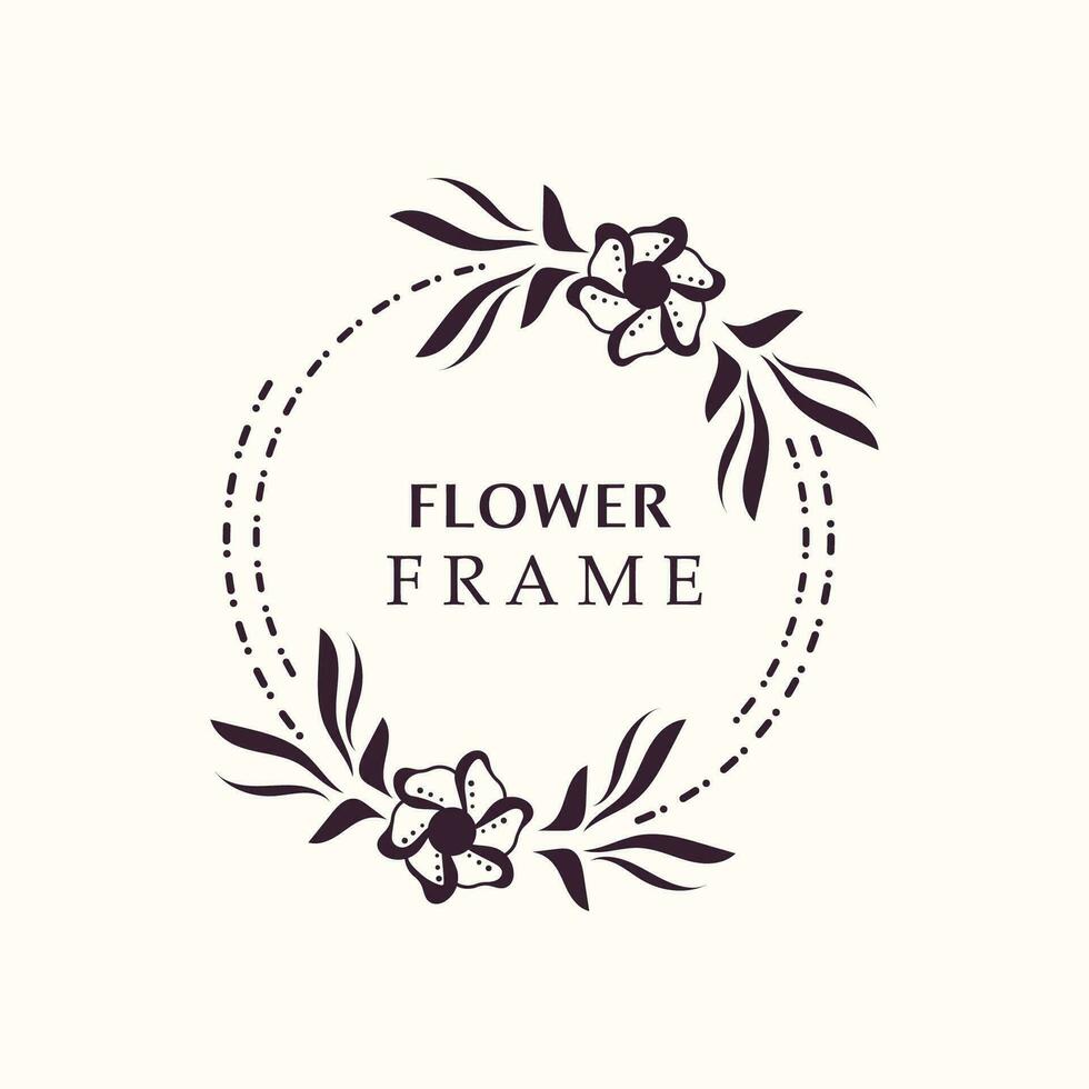 Floral frame flower round shape emblem logotype isolated on white background, leaves luxury linear logo circle style boutique vector