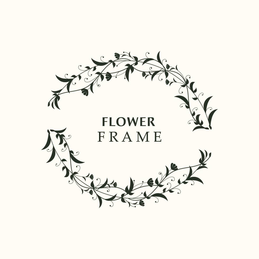 Floral frame flower round shape emblem logotype isolated on white background, leaves luxury linear logo circle style boutique vector