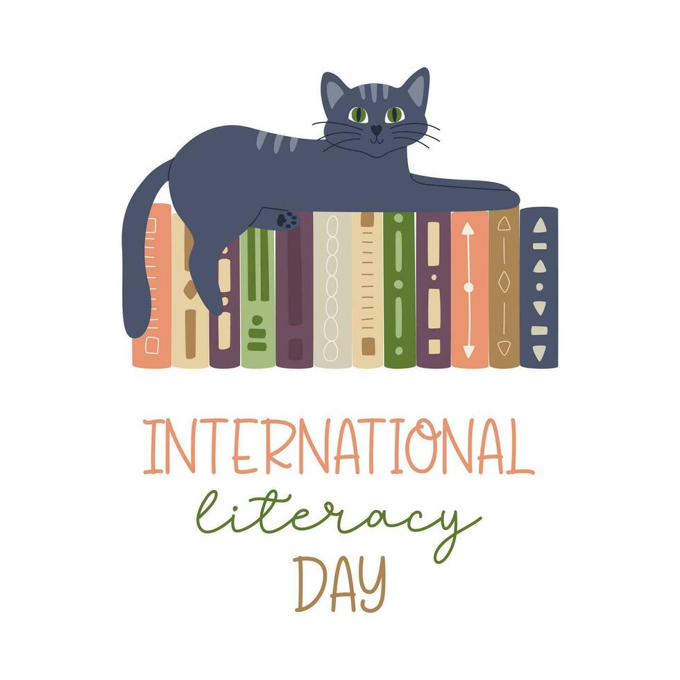 A cute cat lying on books with different patterns standing in a row. International literacy day greeting card for book lovers. Flat cartoon vector illustration isolated on a white background.