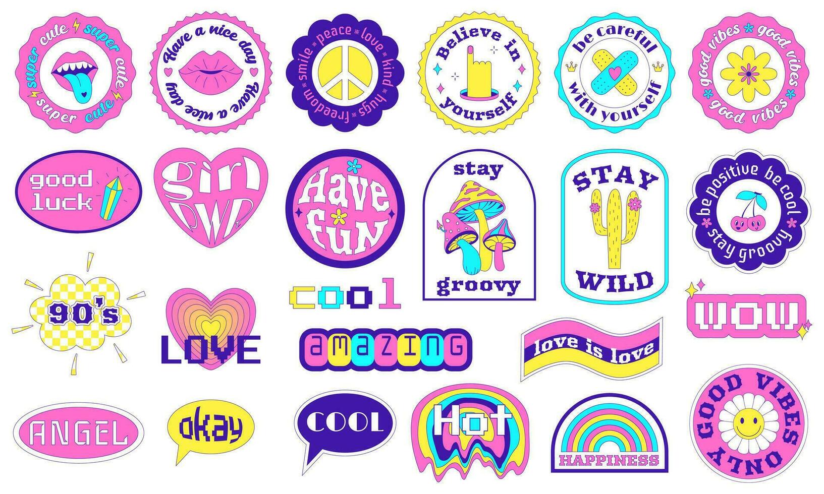 Cool Y2K Stickers Pack in geometric shapes. Text motivational, inspirational phrases and words. Trendy Cute Girly Patches collection acid weird surreal elements. Vector illustration isolated on white