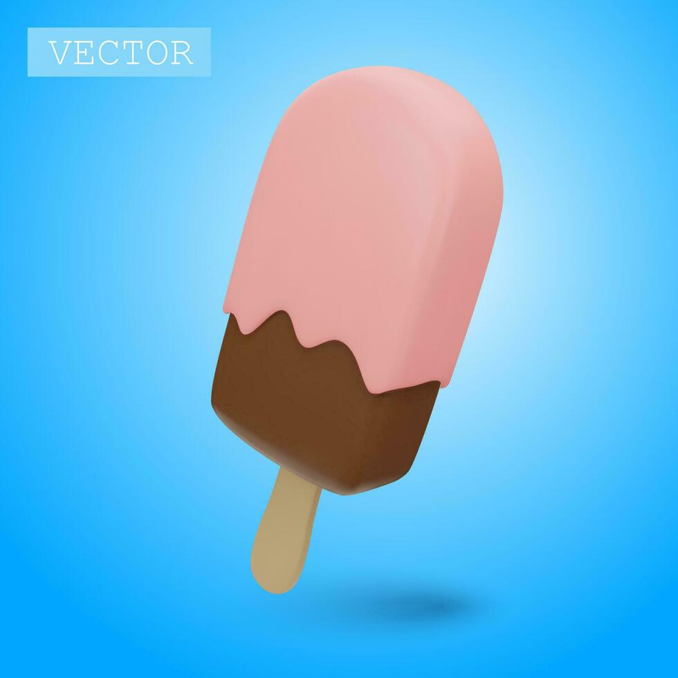 3d hacer de chocolate paleta de hielo con rosado Formación de hielo y aspersión. rápido alimento, dulce, verano postre. brillante ilustración en dibujos animados, el plastico, arcilla 3d estilo. aislado en un blanco antecedentes. vector