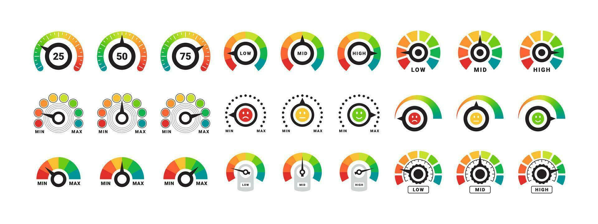 Risk Gauge Scale set. Performance indicator. Dashboard sign. Vector scalable graphics