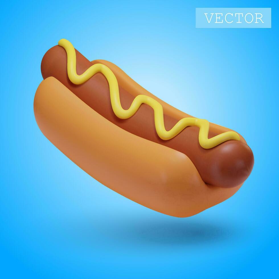 3D rendering of a hot dog with mustard. Fast food. Fatty, unhealthy, unhealthy food. Bright Illustration in cartoon, plastic, clay 3D style. Isolated on a white background. vector