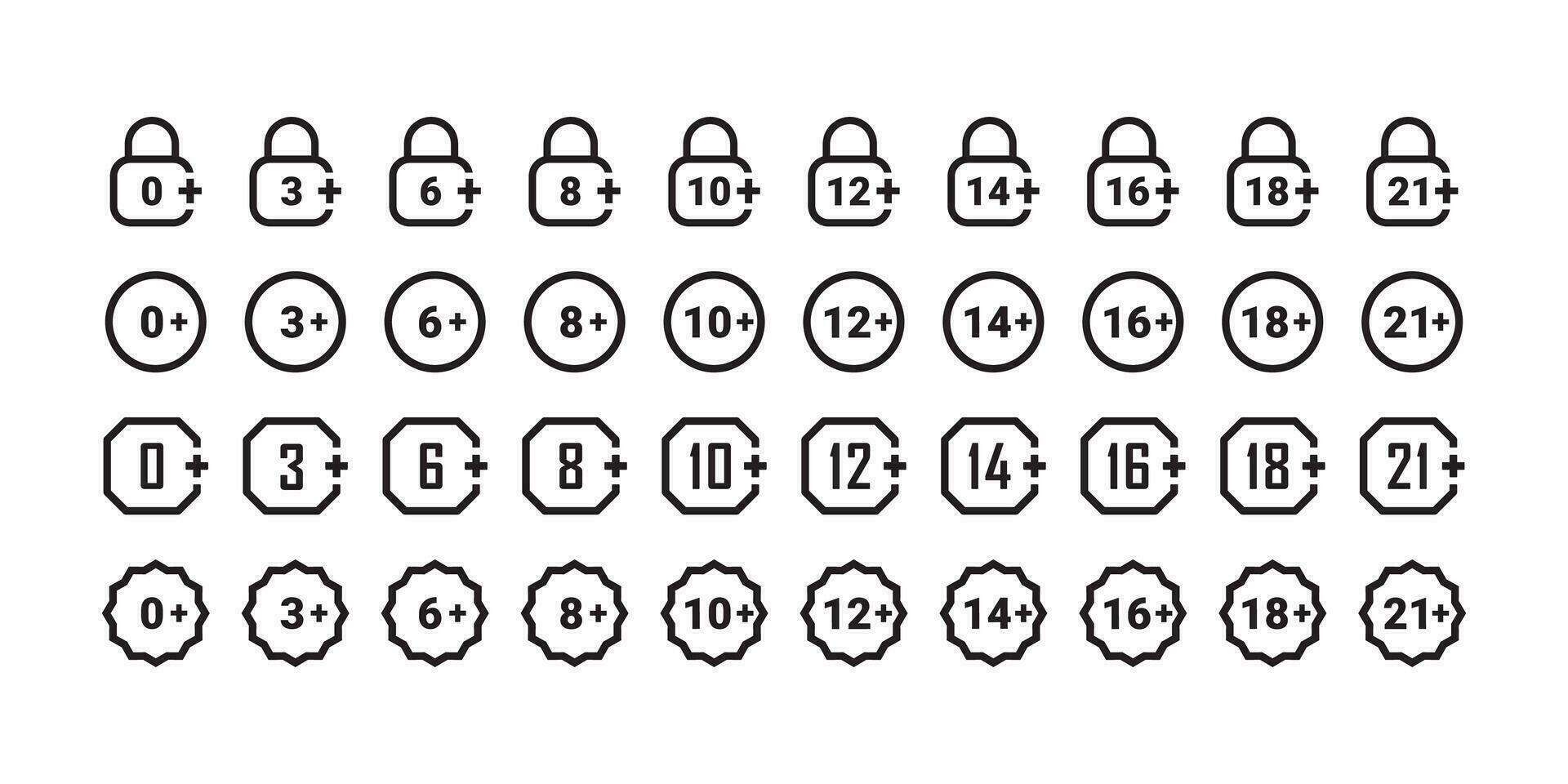 Age restriction icons big set. Mark age limit. Age restriction badges. Vector scalable graphics