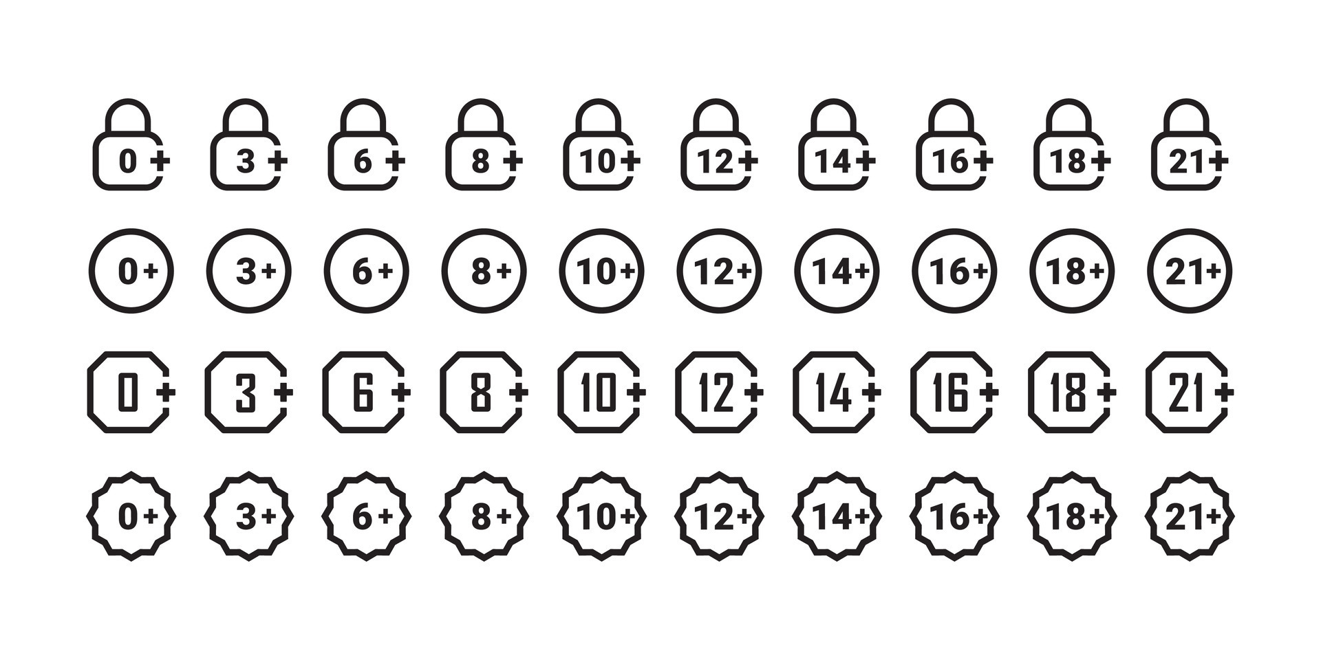 Age restriction icons big set. Mark age limit. Age restriction badges