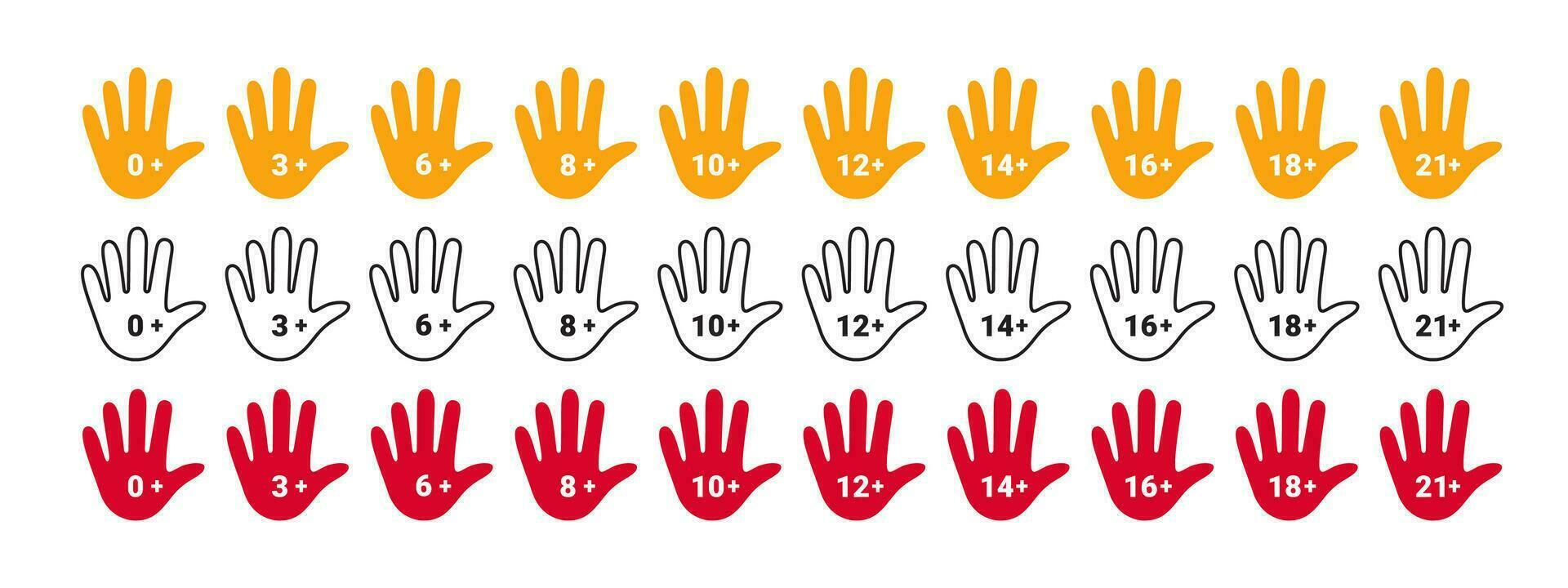 Age restriction icons set. Mark age limit. Hand with age restriction. Vector scalable graphics