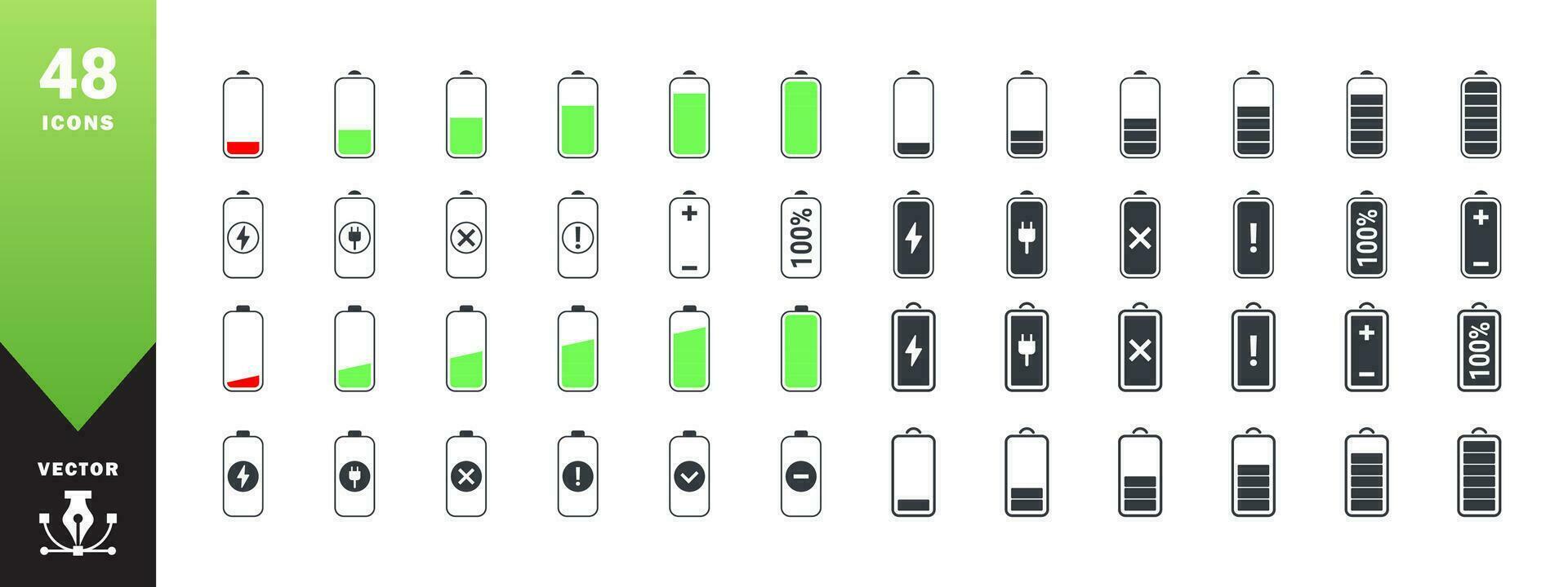Battery charging icons set. Phone charging indicator. Battery charging status. Vector scalable graphics