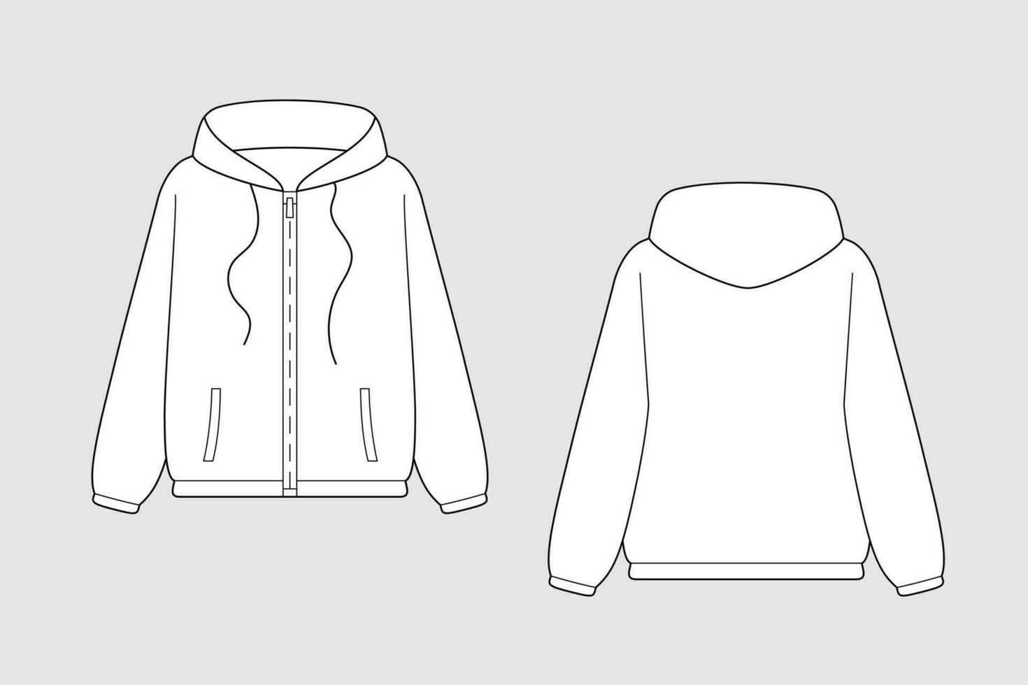 Sweatshirt hoodie, bomber jacket with zipper vector template isolated on a white background. Unisex, male, female model. Front and back view. Outline fashion technical sketch of clothes model.