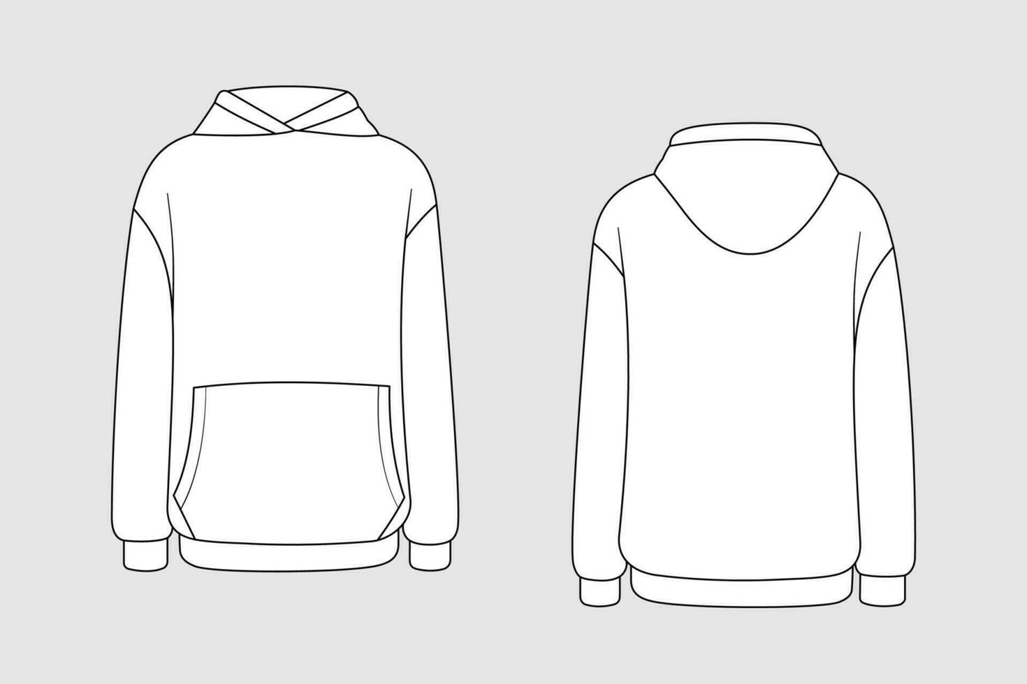 Hoodie vector template isolated on a grey background. Unisex, male, female model. Front and back view. Outline fashion technical sketch of clothes model.