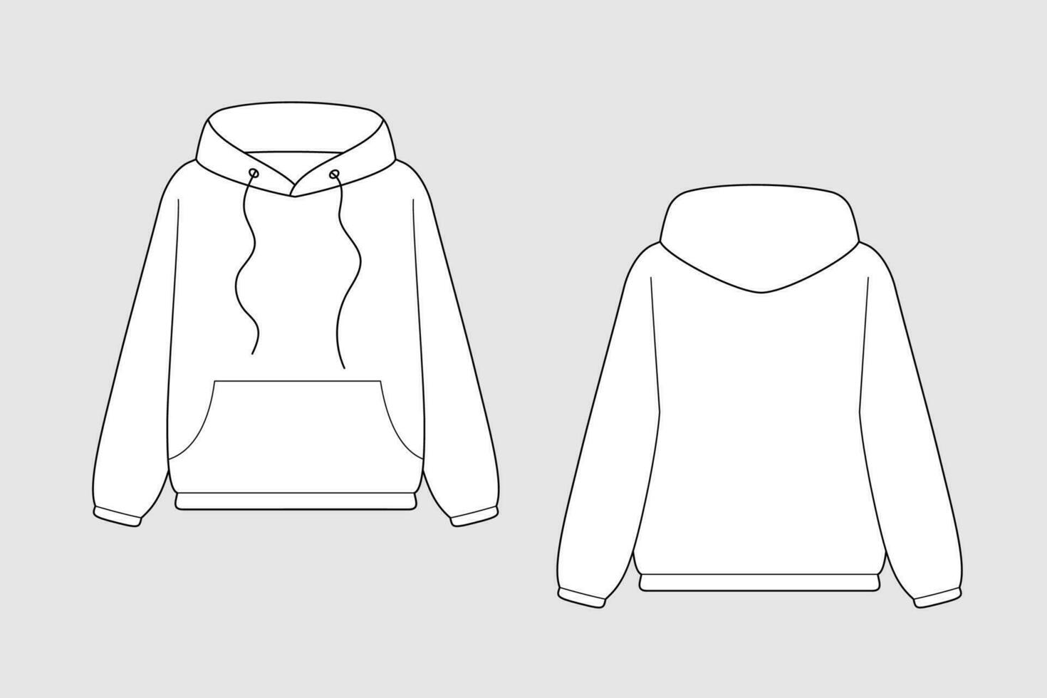 Sweatshirt hoodie, pullover vector template isolated on a white background. Unisex, male, female model. Front and back view. Outline fashion technical sketch of clothes model.