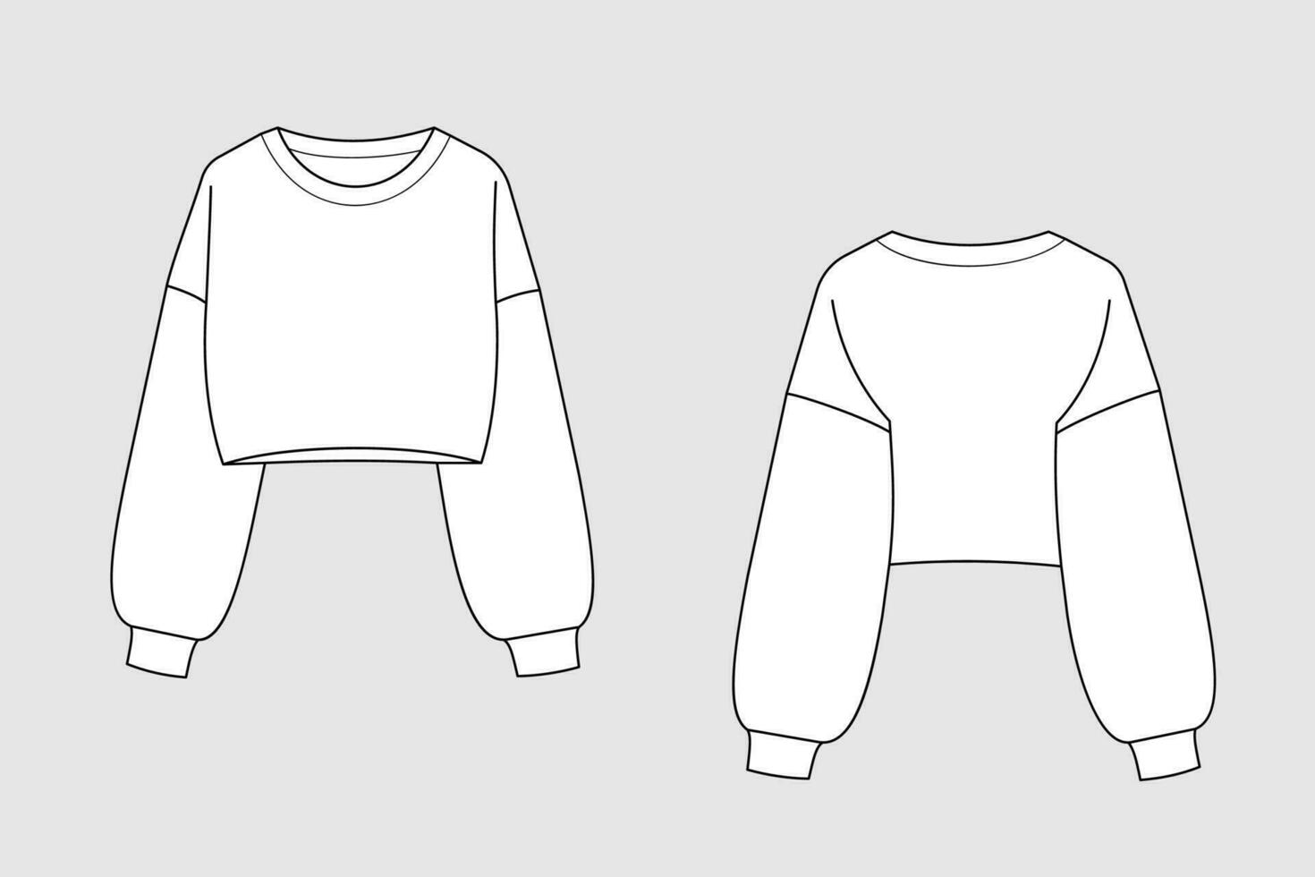 Female hoodie, sweatshirt, pullover vector template isolated on a grey background. Front and back view. Outline fashion technical sketch of clothes model.