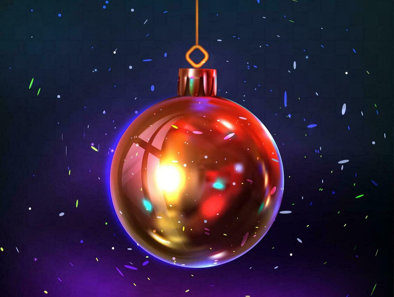 Christmas ball on a dark background with confetti. Vector illustration. Eps 10