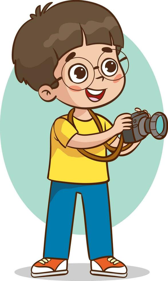 Cute little kid with camera. Vector illustration of a little kid.photographer children shooting