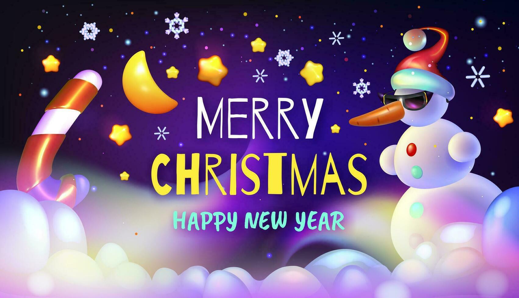 Merry Christmas and Happy New Year card. 3d vector illustration with candy, snowman, stars and lights. Eps 10