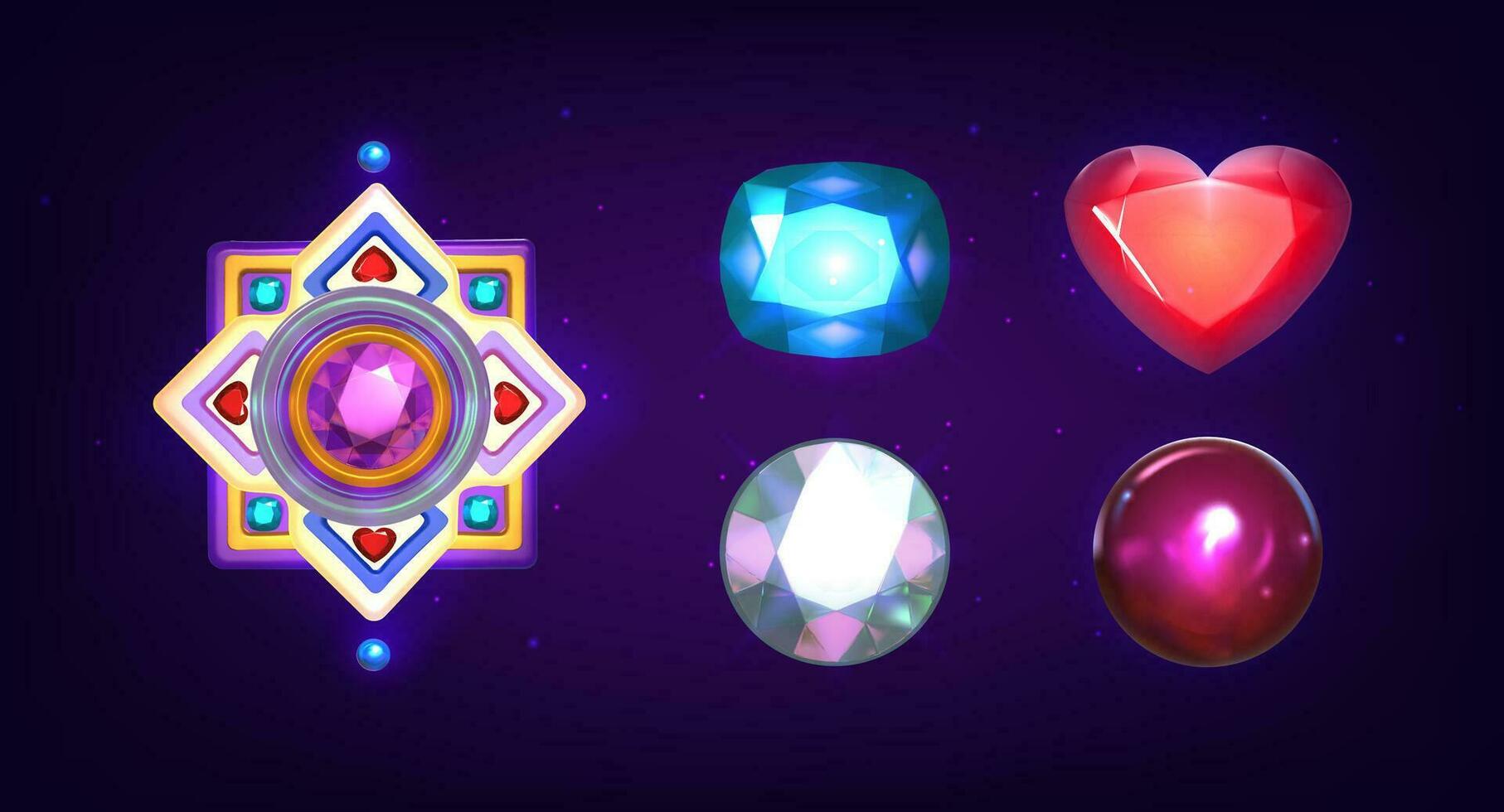 Luxurious 3D jewelry. Set of gemstones. Vector illustration in cartoon style on a dark background. Eps 10