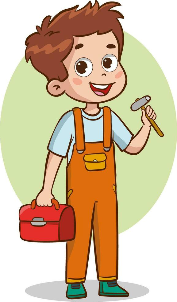 vector illustration of a repairman kid holding a toolbox and a hammer