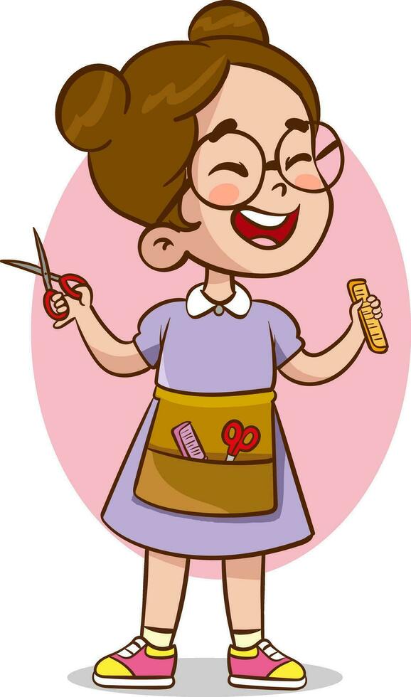 vector Illustration of Cute Little Hairdresser Girl Holding a Scissors and a Hairbrush