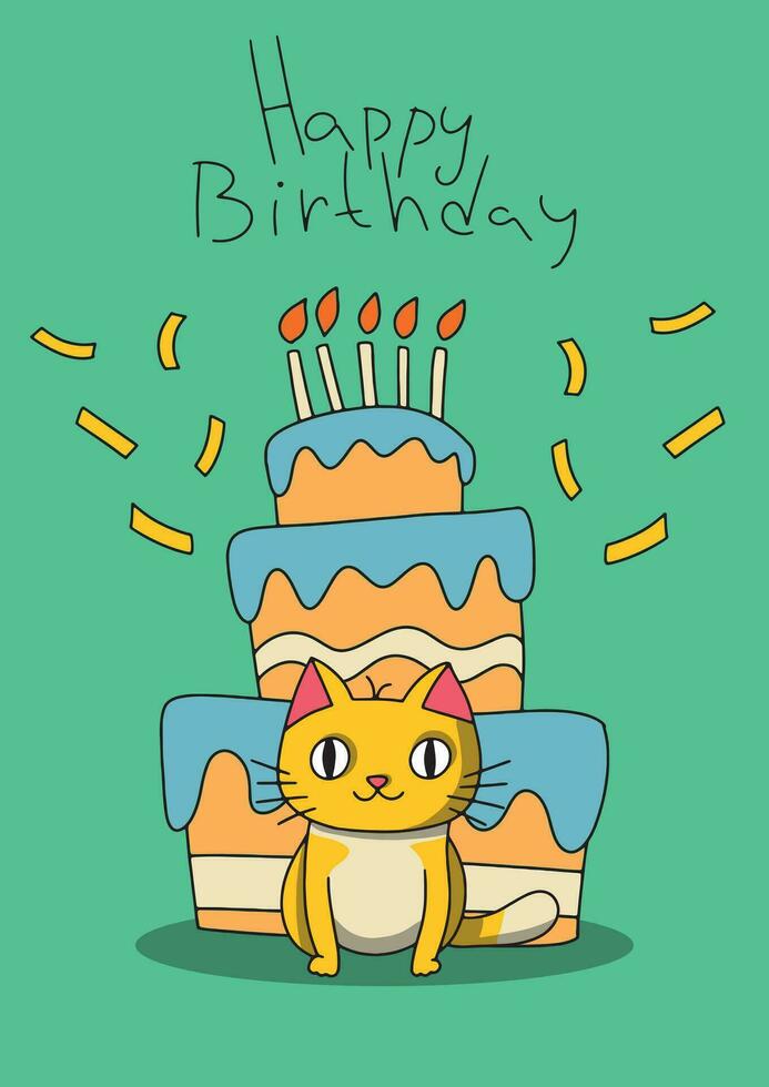 Happy birthday card and party invitation with cute cat and cake with candles vector