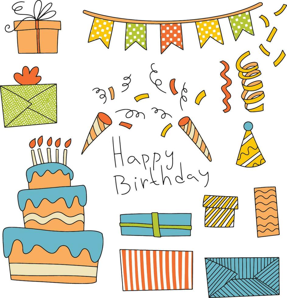 Set of attributes for kids party with decor, food and lettering phrases. Editable vector illustration