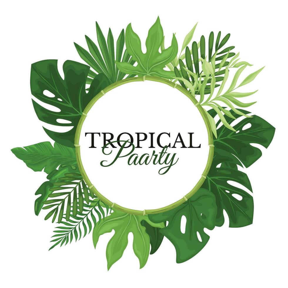 Tropical green palm leaves in a round frame. Hawaiian flyer with palm leaves isolated on white background. Vector