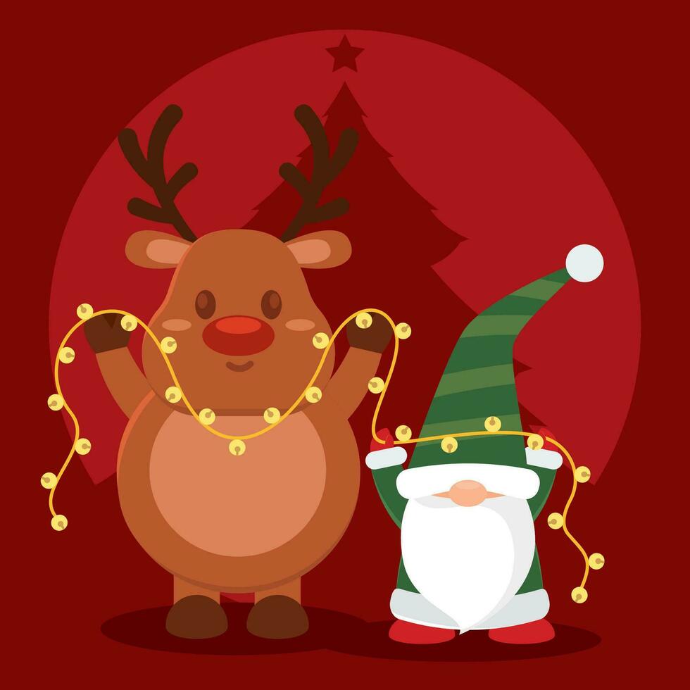 linda Navidad reno y duende caracteres vector ilustración