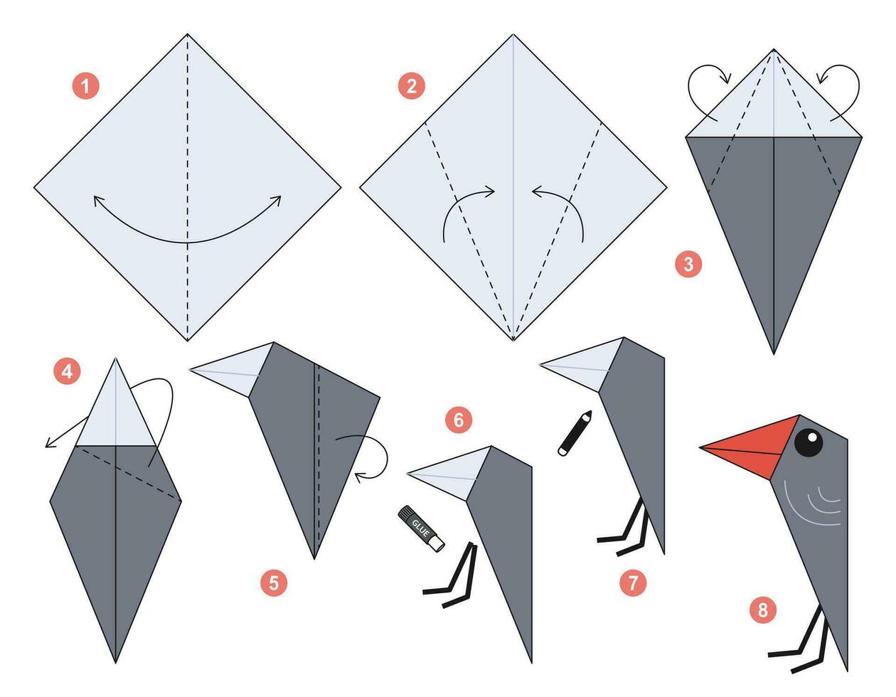 Woodpecker origami scheme tutorial moving model. Origami for kids. Step by step how to make a cute origami bird. Vector illustration.