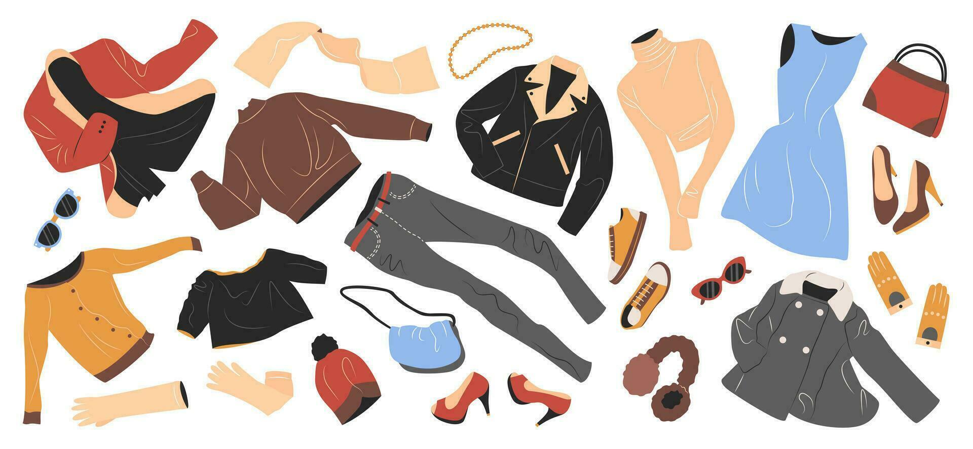 Set of fashion clothes for women. Casual garments and accessories for fall and winter. Coat, gloves, jacket, bags, shoes, trousers, hats flying. Flat vector illustrations isolated on white background.