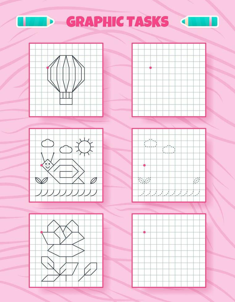 Drawing by cells. Educational game for preschool children. Worksheets for practicing logic and motor skills. Game for kids. Graphic tasks with different objects and elements. Vector illustration