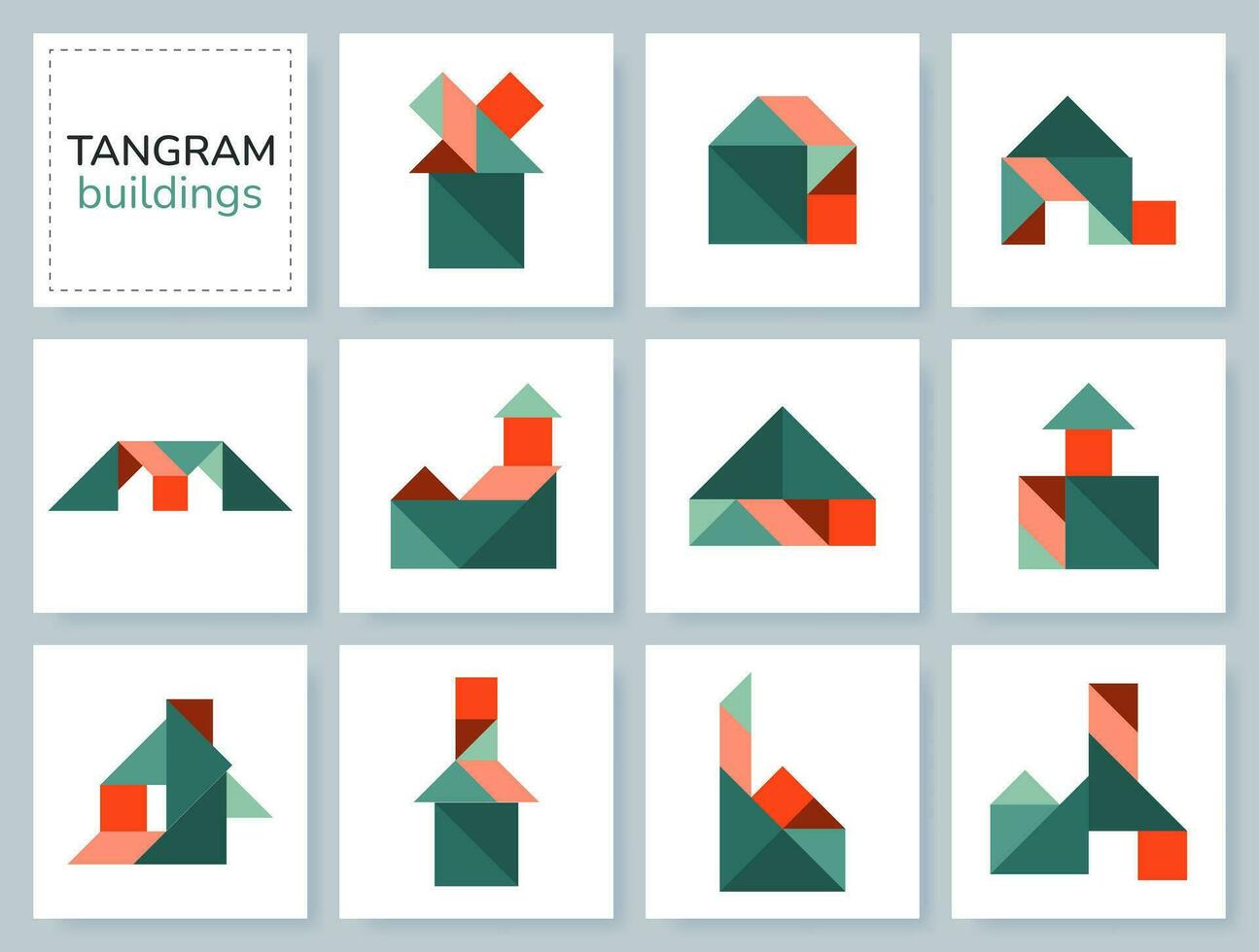 Tangram puzzle game for kids. Vector colorful collection with various isolated buildings. isolated Tangram buildings icons on white backdrop. Vector illustration