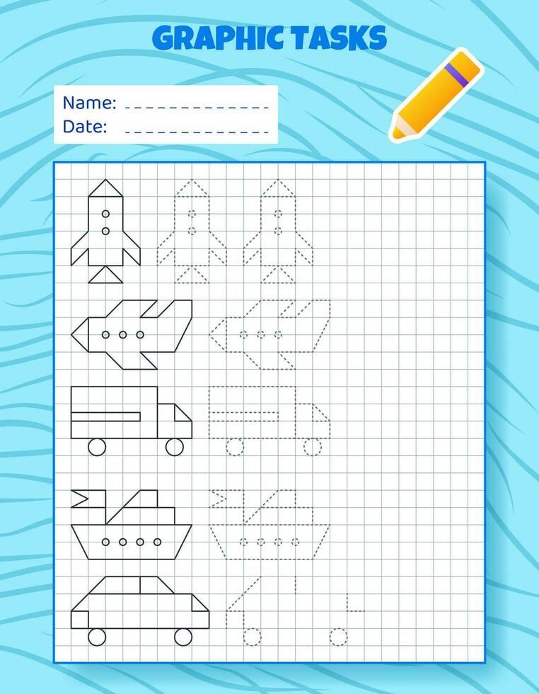 Drawing by cells. Educational game for preschool children. Worksheets for practicing logic and motor skills. Game for kids. Graphic tasks with different objects and elements. Vector illustration