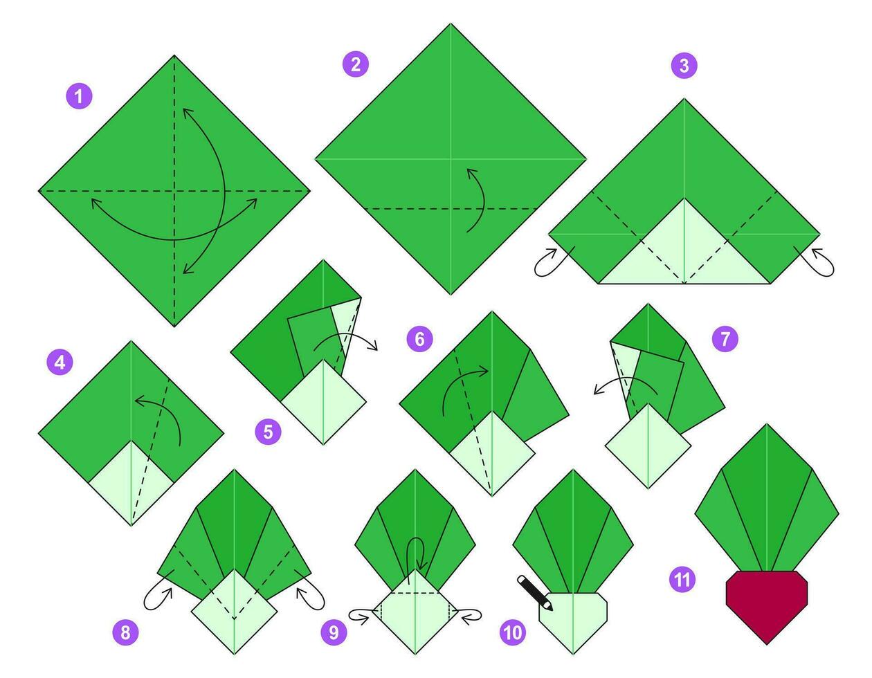 Radish origami scheme tutorial moving model. Origami for kids. Step by step how to make a cute origami vegetable. Vector illustration.