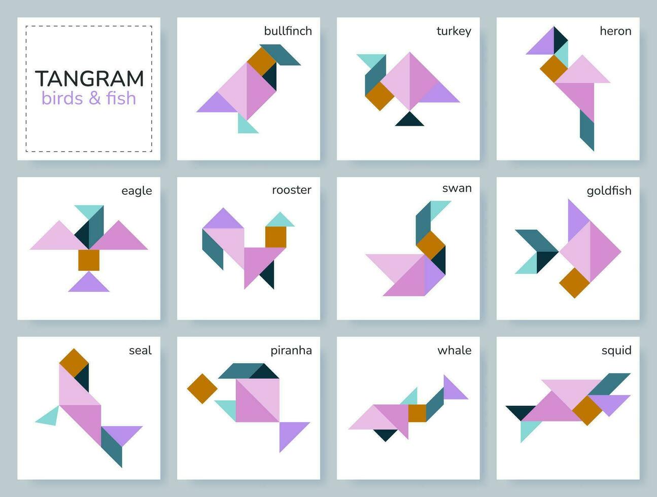 Tangram puzzle game for kids. Geometric colorful collection with various isolated birds, fish and marine animals. Tangram icons on white backdrop. Vector illustration