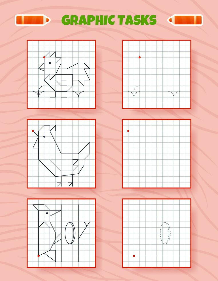 Drawing by cells. Educational game for preschool children. Worksheets for practicing logic and motor skills. Game for kids. Graphic tasks with birds. Vector illustration