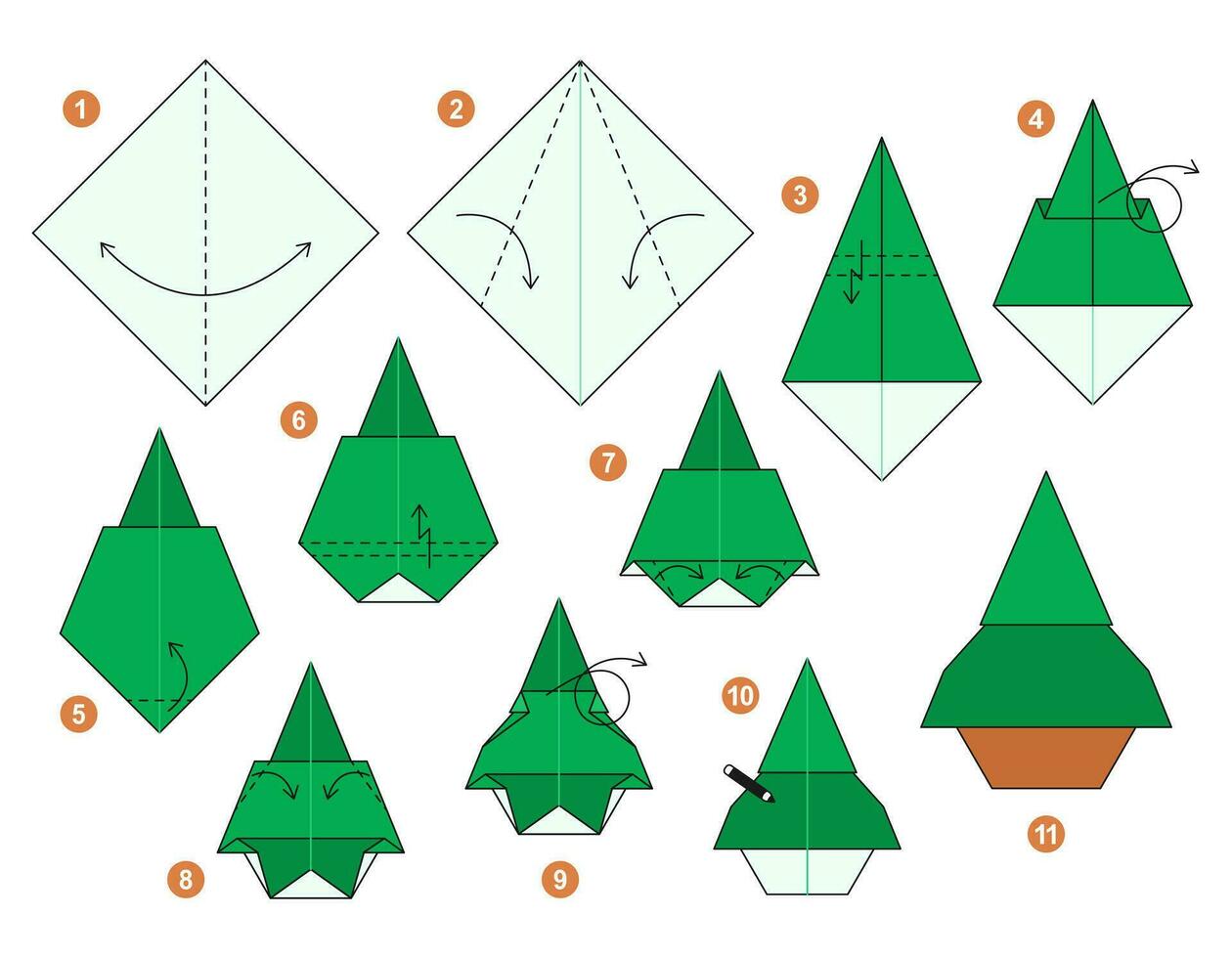Fir origami scheme tutorial moving model. Origami for kids. Step by step how to make a cute origami fir-tree. Vector illustration.