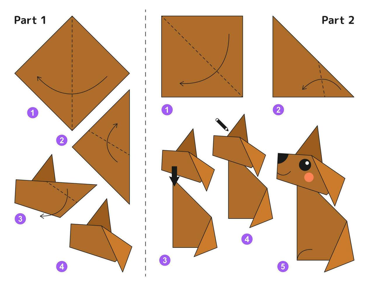 Dog origami scheme tutorial moving model. Origami for kids. Step by step how to make a cute origami puppy. Vector illustration.