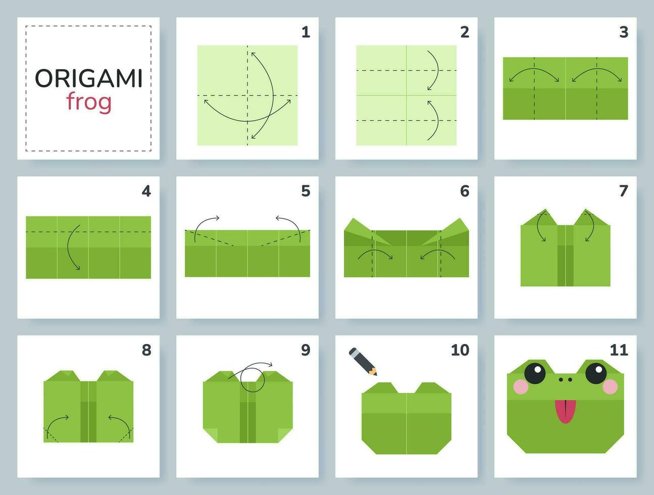 Frog origami scheme tutorial moving model. Origami for kids. Step by step how to make a cute origami amphibian. Vector illustration.