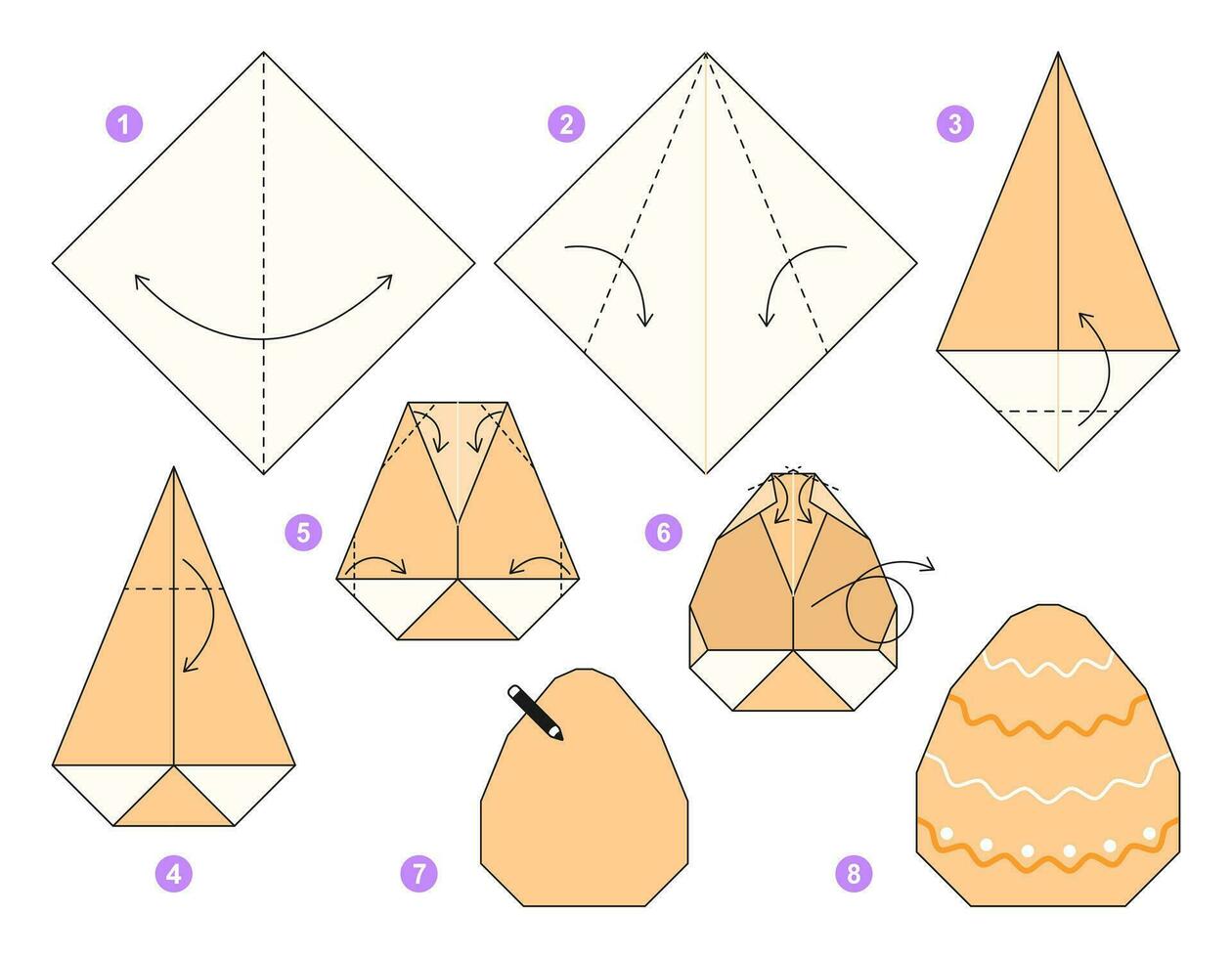 Easter egg origami scheme tutorial moving model. Origami for kids. Step by step how to make a cute origami egg. Vector illustration.