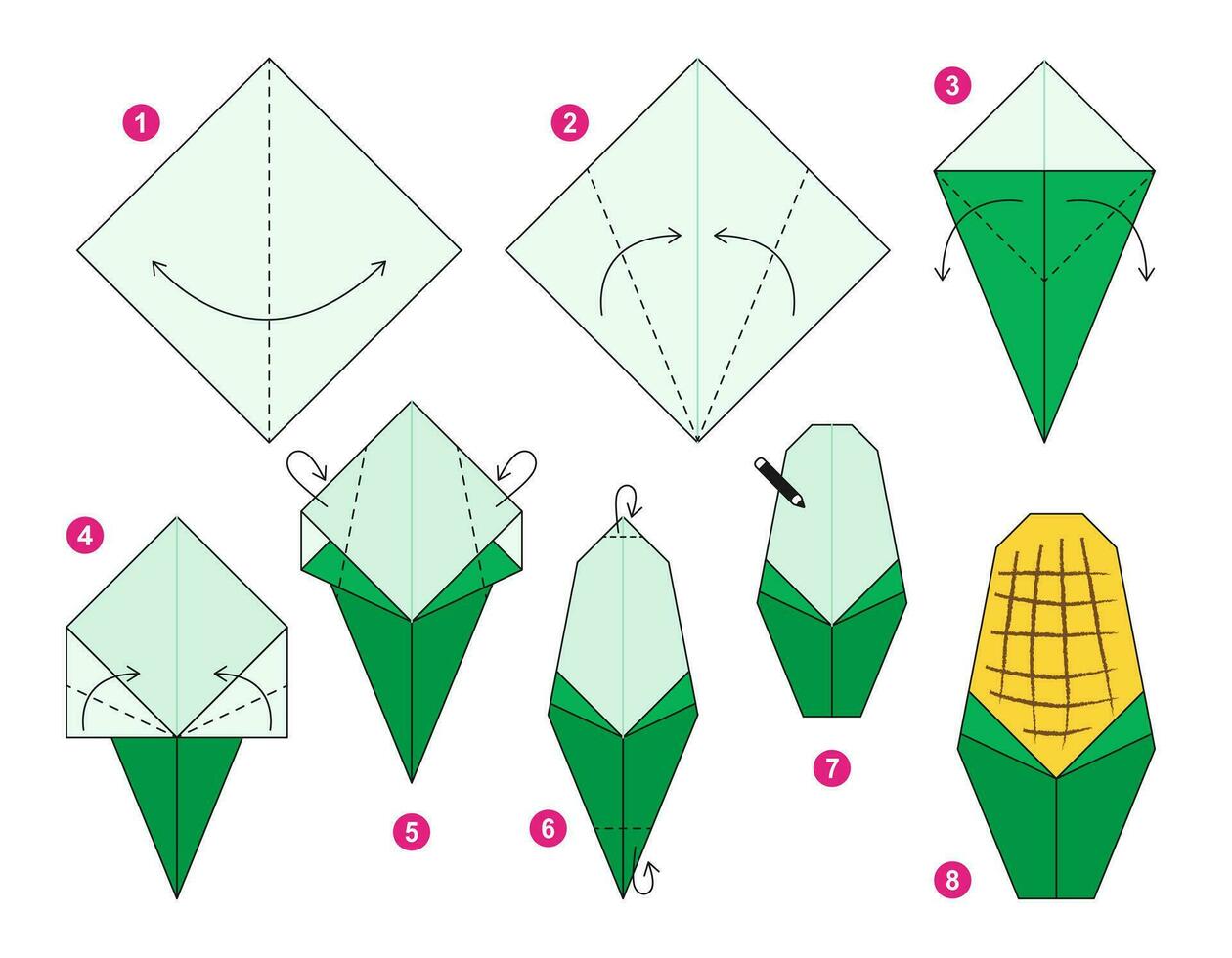 Corn origami scheme tutorial moving model. Origami for kids. Step by step how to make a cute origami vegetable. Vector illustration.