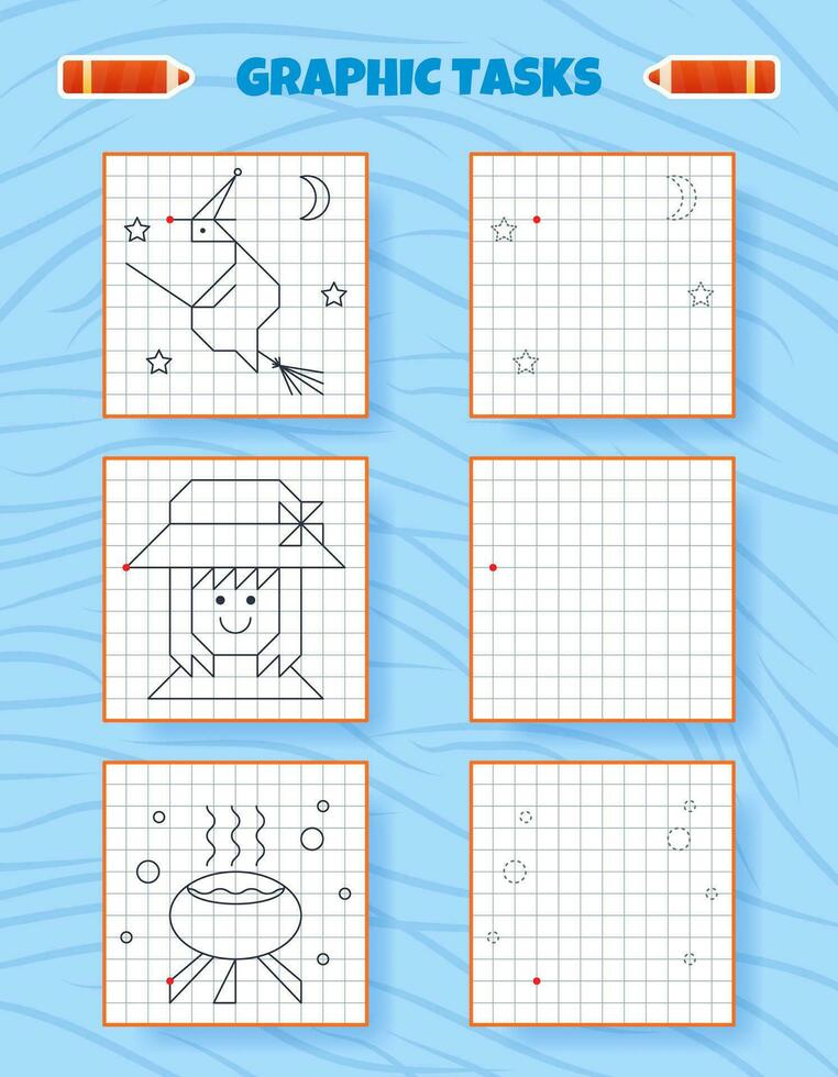 Drawing by cells. Educational game for preschool children. Worksheets for practicing logic and motor skills. Game for kids. Graphic tasks with different objects and elements. Vector illustration