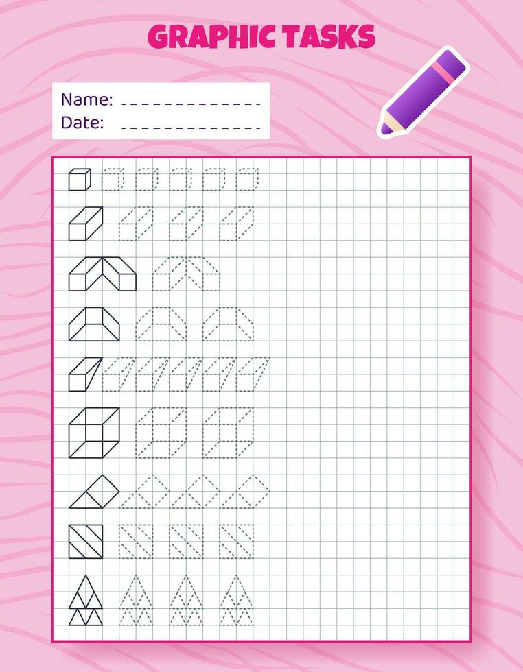 Drawing by cells. Educational game for preschool children. Worksheets for practicing logic and motor skills. Game for kids. Graphic tasks with different objects and elements. Vector illustration