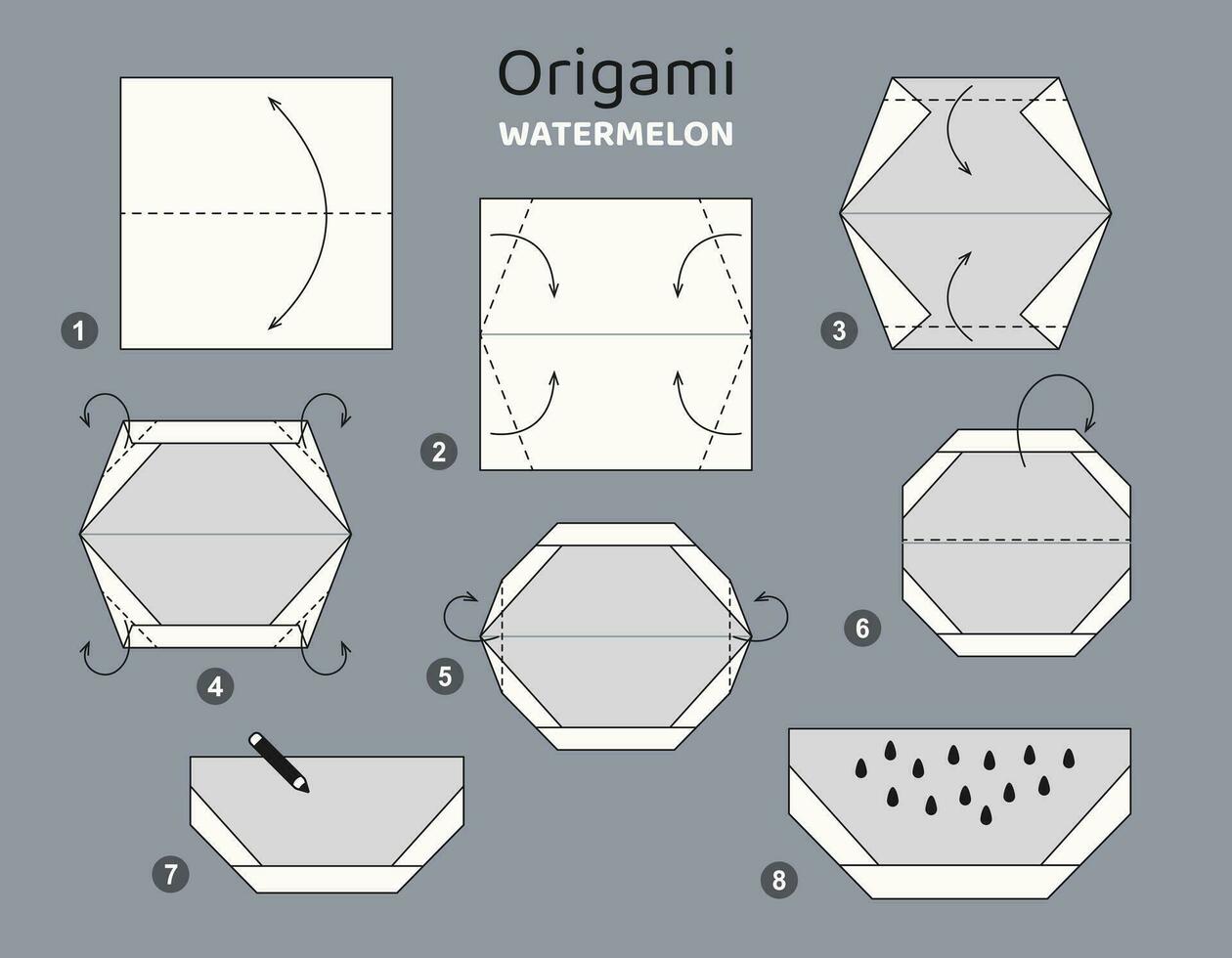 Watermelon origami scheme tutorial moving model. Origami for kids. Step by step how to make a cute origami fruit. Vector illustration.