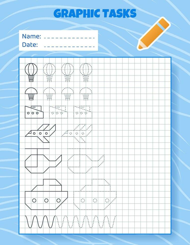 Drawing by cells. Educational game for preschool children. Worksheets for practicing logic and motor skills. Game for kids. Graphic tasks with different objects and elements. Vector illustration