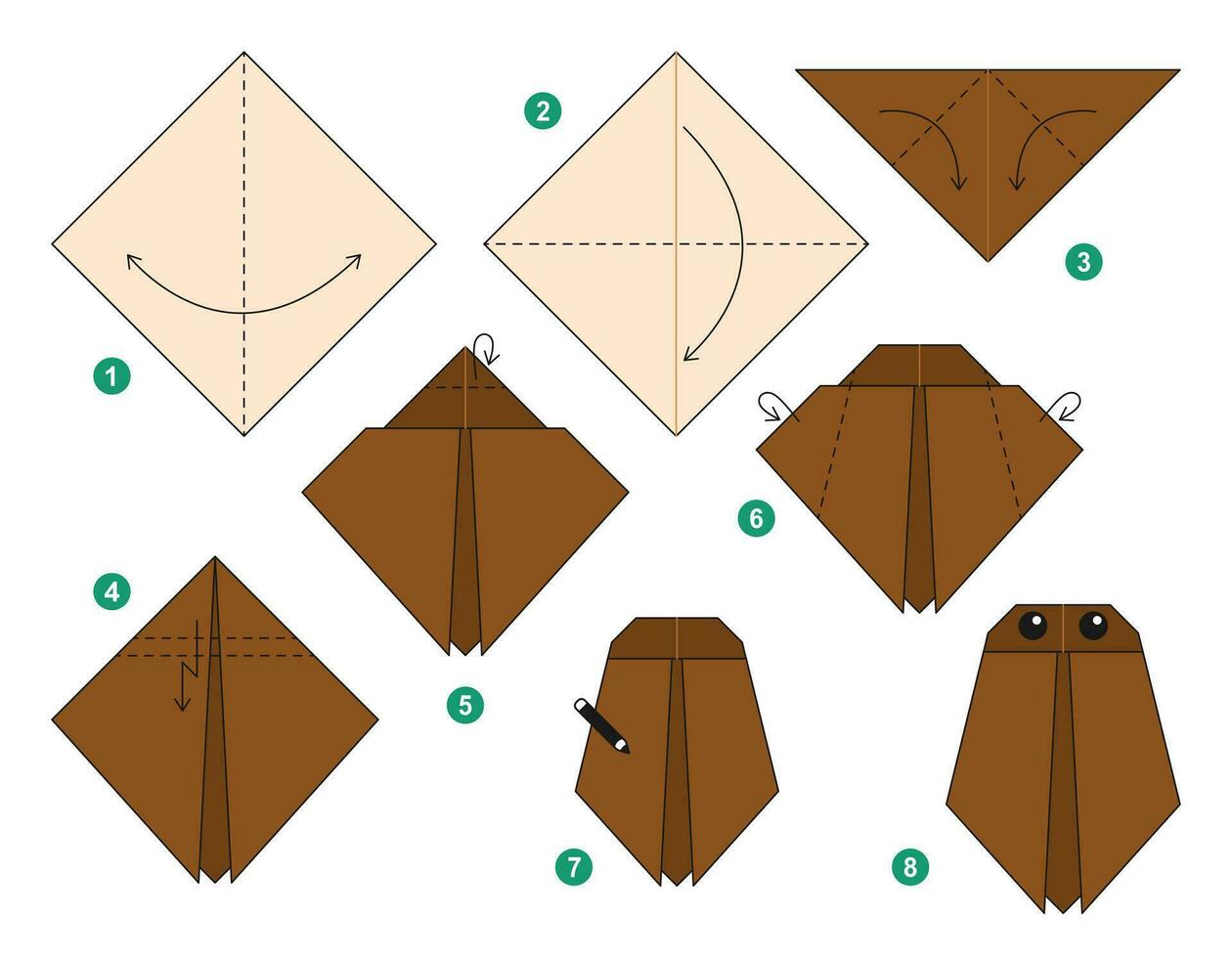 Cockroach origami scheme tutorial moving model. Origami for kids. Step by step how to make a cute origami insect. Vector illustration.