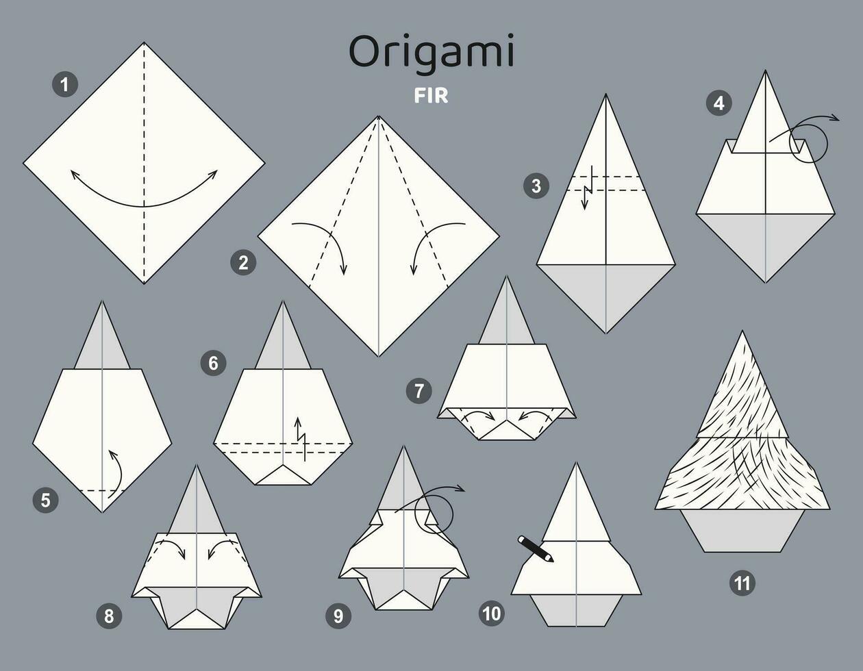 Fir origami scheme tutorial moving model. Origami for kids. Step by step how to make a cute origami fir-tree. Vector illustration.