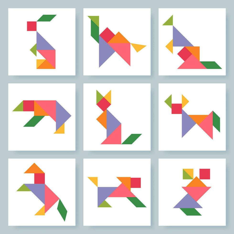 tangram rompecabezas juego para niños. vistoso geométrico colección con aislado animales tangram varios íconos en blanco fondo. vector ilustración