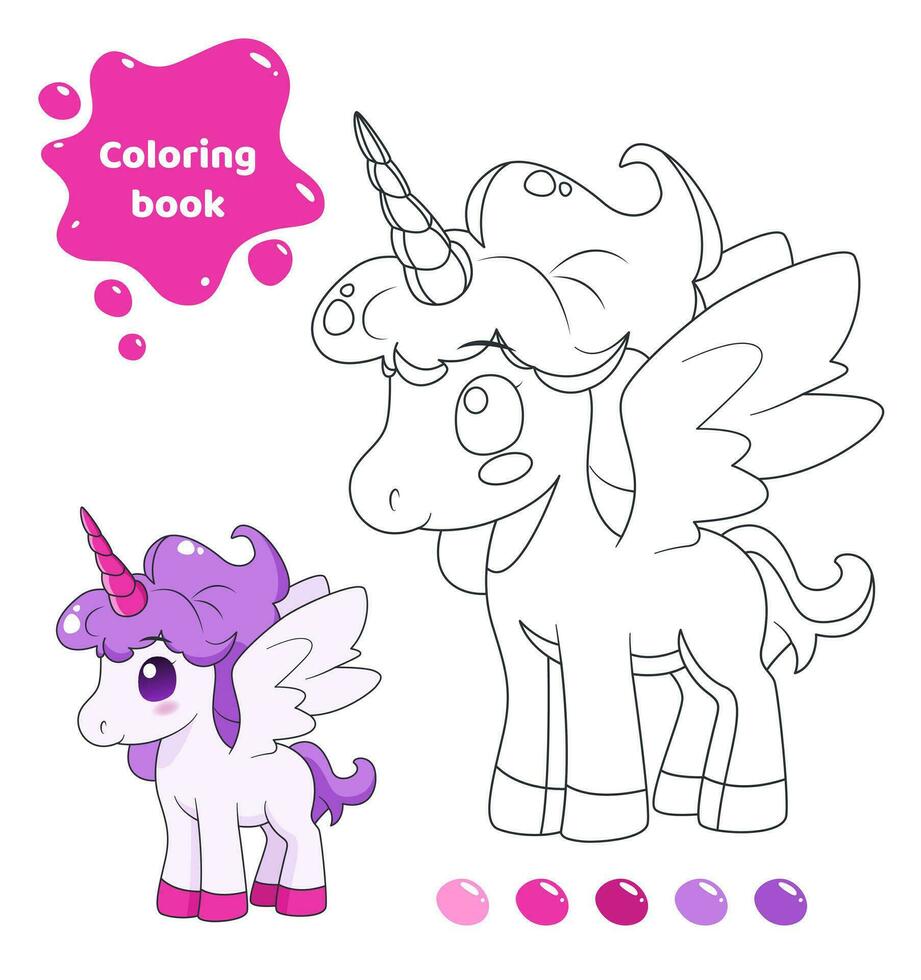 Coloring book for kids. Worksheet for drawing with cartoon unicorn. Cute animal with wings. Coloring page with color palette for children. Vector illustration.
