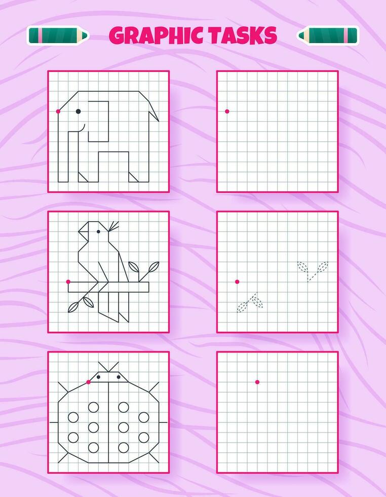 Drawing by cells. Educational game for preschool children. Worksheets for practicing logic and motor skills. Game for kids. Graphic tasks with elephant, parrot, ladybug. Vector illustration